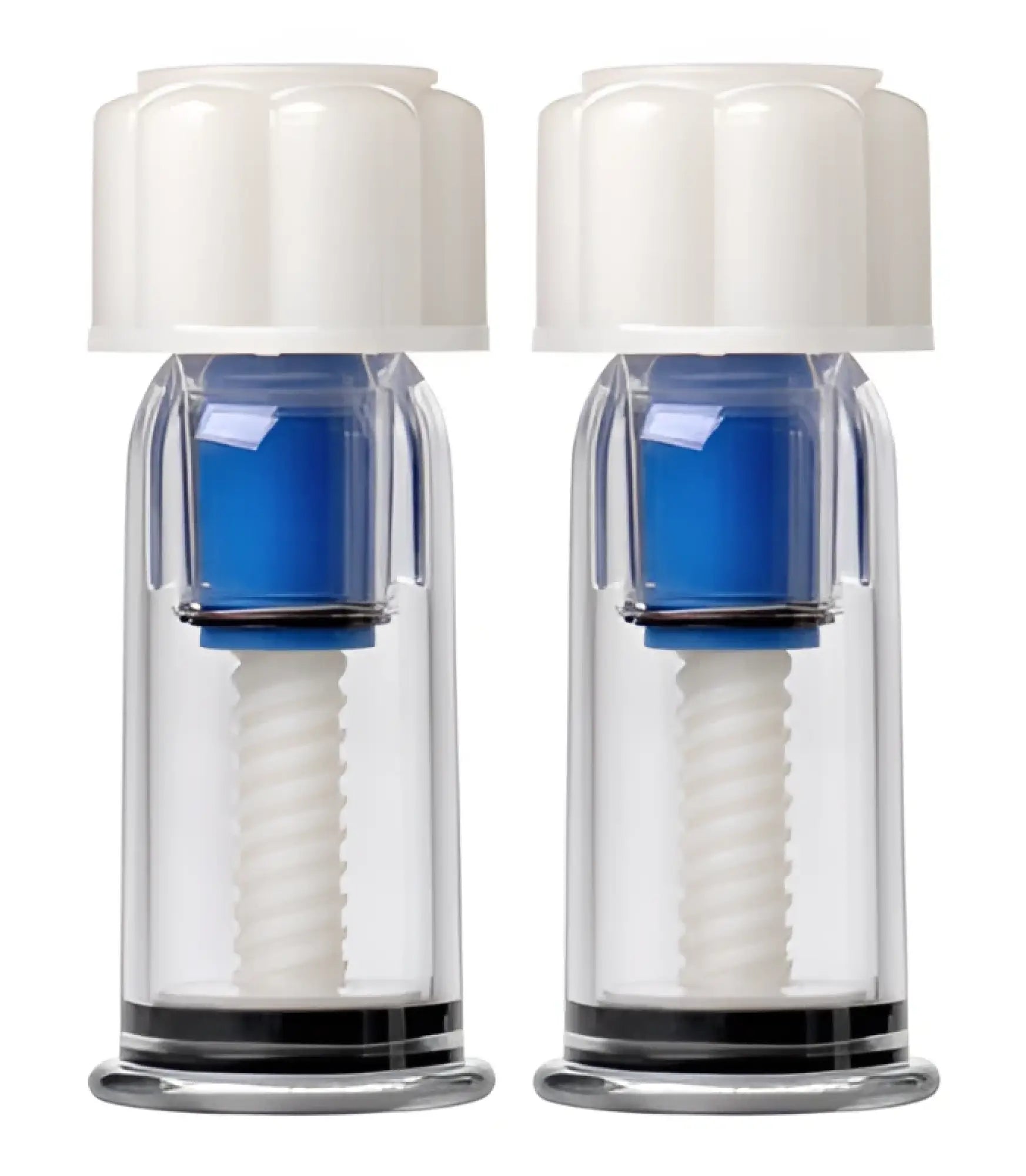Two Size Matters Twist Up Nipple Suckers featuring clear cylinders, white twist-top caps, and internal blue mechanisms.
