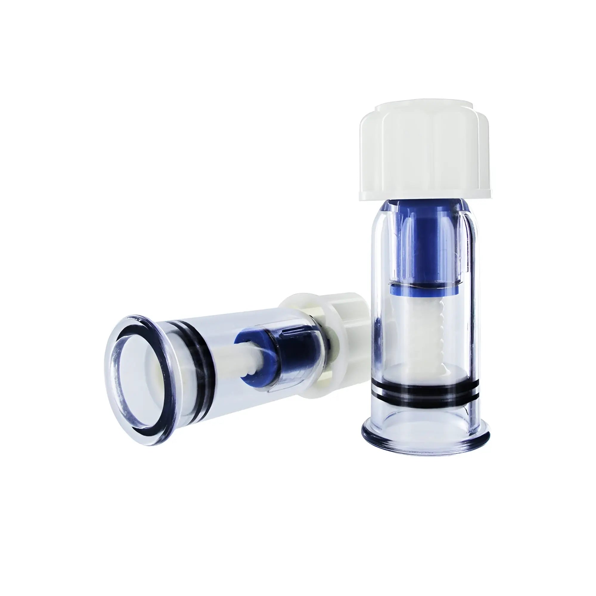 Two Size Matters Twist Up Nipple Suckers featuring clear cylinders, blue internal mechanics, and white twist tops.