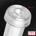 Clear, cylindrical Size Matters Universal Pump Sleeve with a thick, flared opening against a black dotted background.