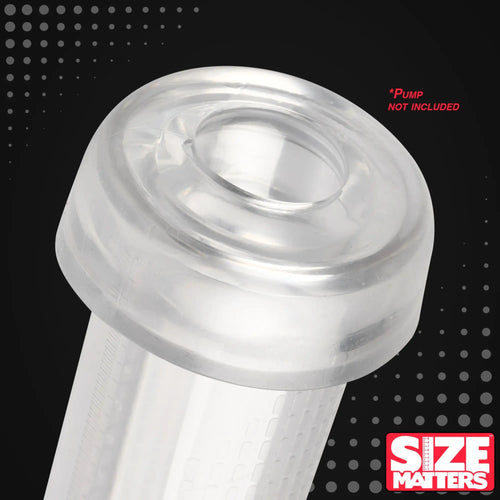 Clear, cylindrical Size Matters Universal Pump Sleeve with a thick, flared opening against a black dotted background.