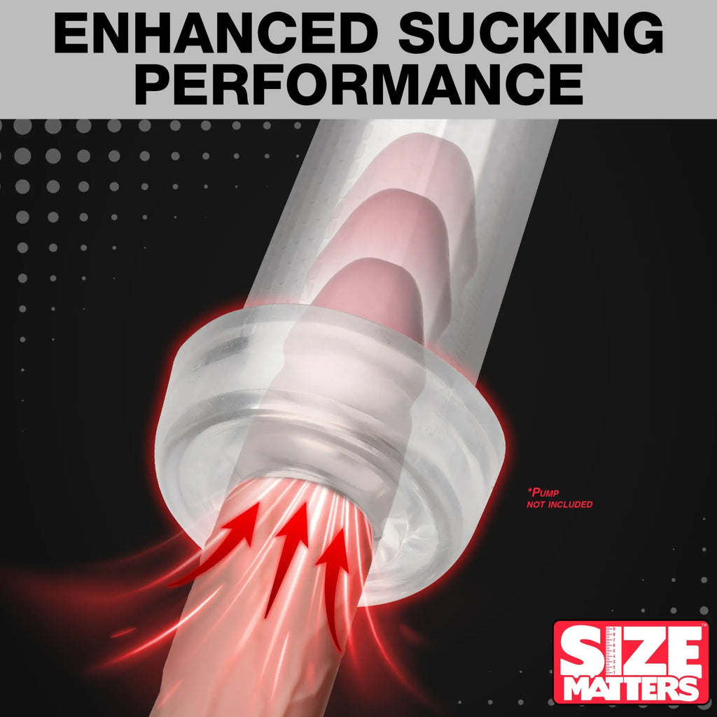 Size Matters Universal Pump Sleeve: Clear, silicone ring shown sealing a cylinder to enhance suction performance.