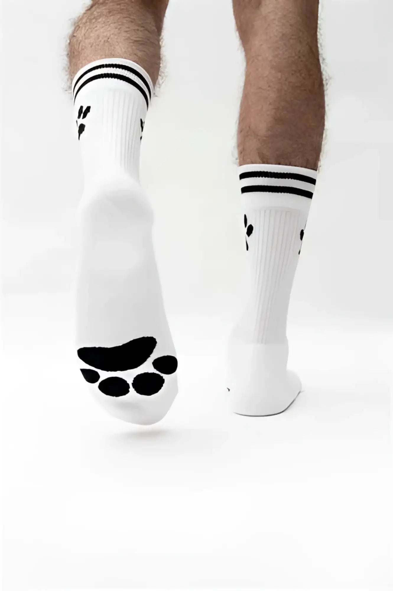 White sk8erboy puppy athletic socks with black paw prints and striped cuffs size 39-42 front view