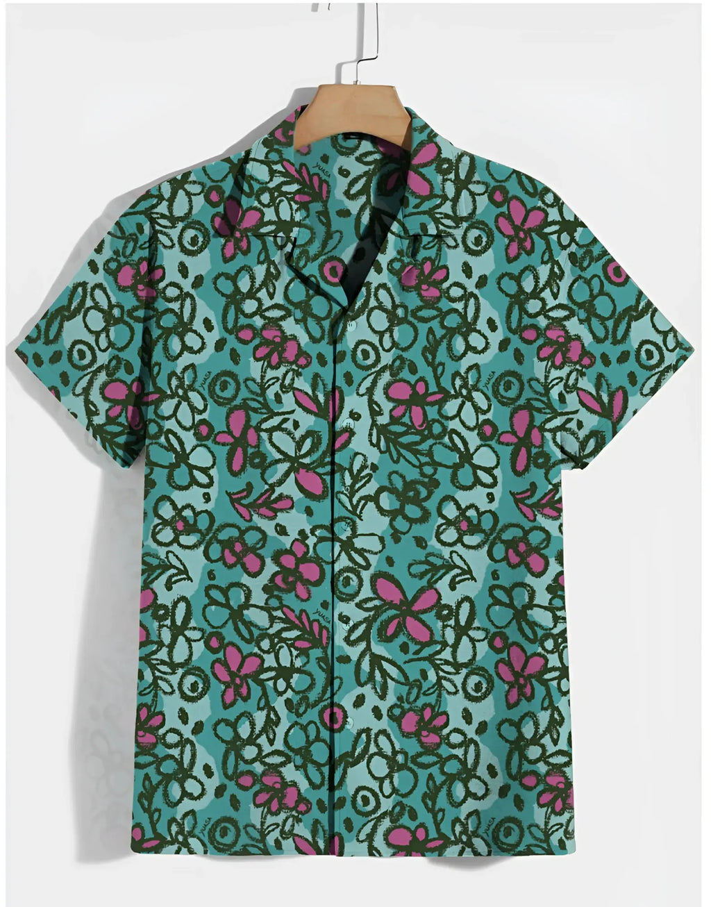 A teal short-sleeved sketchbook cosmos s s shirt with vibrant pink and dark green floral pattern for casual wear