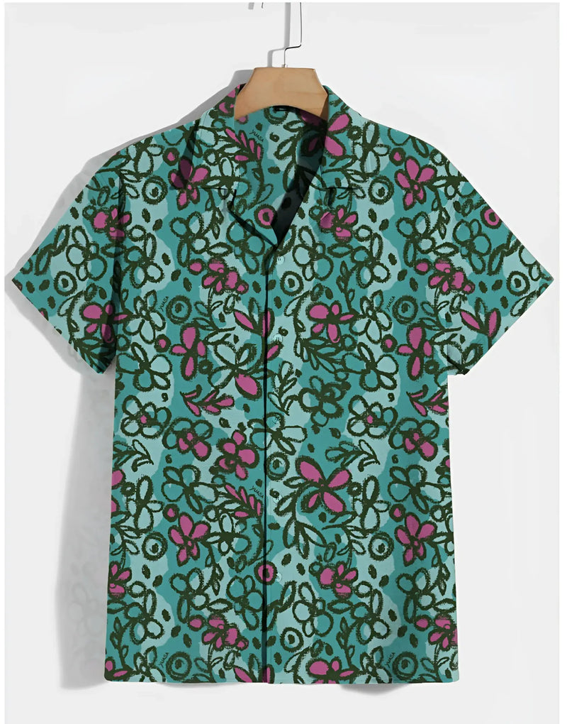 A teal short-sleeved sketchbook cosmos s s shirt with vibrant pink and dark green floral pattern for casual wear