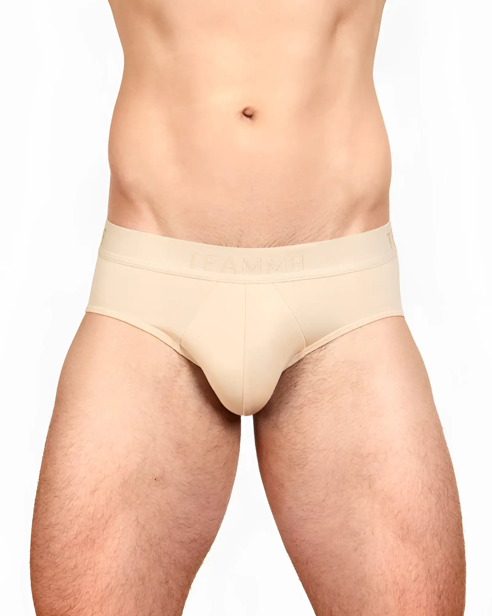 Beige men’s skin brief amazing with smooth form-fitting design and subtle brand logo on the waistband