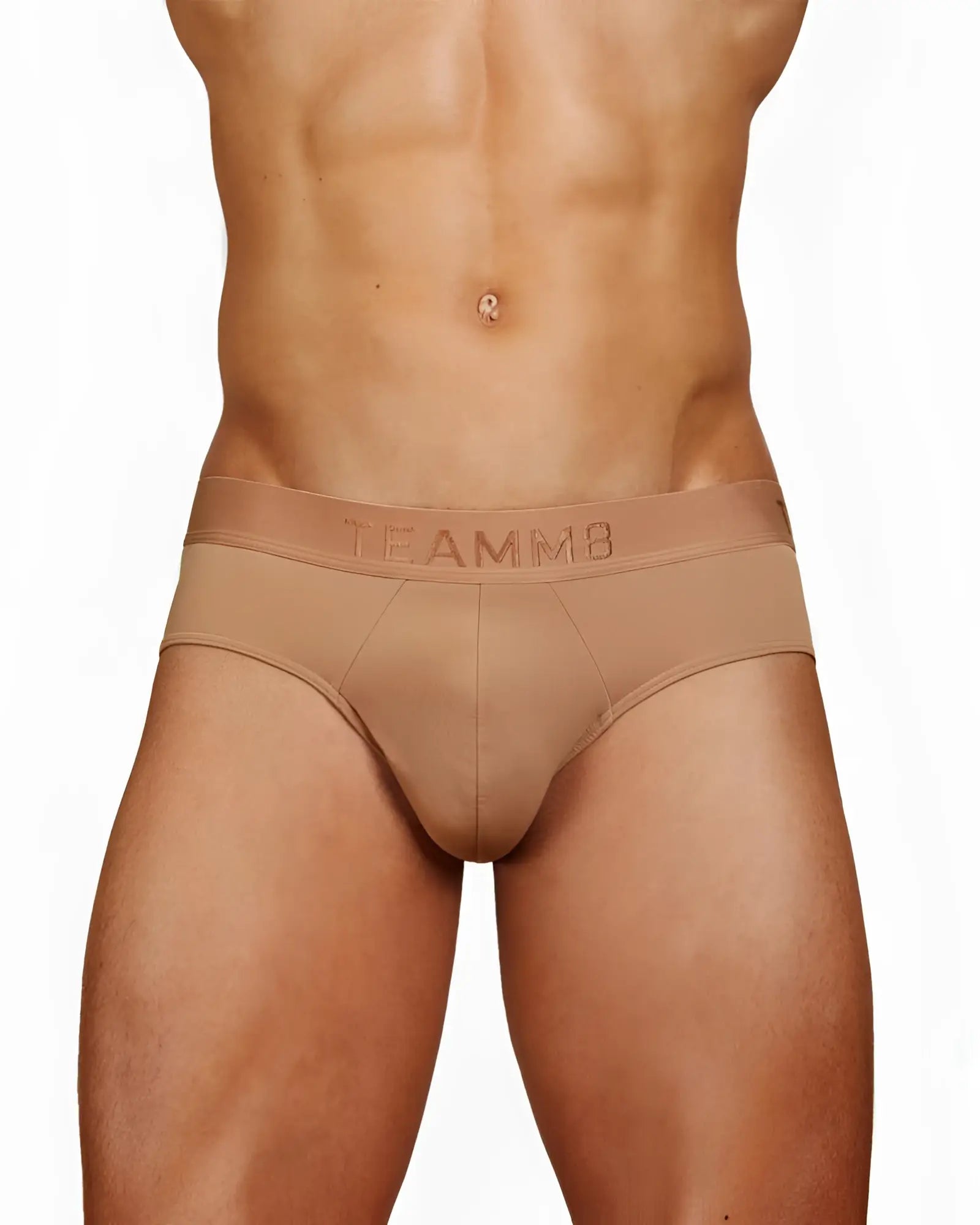 Tan skin brief with smooth seamless design and subtle brand logo on waistband for comfortable everyday wear