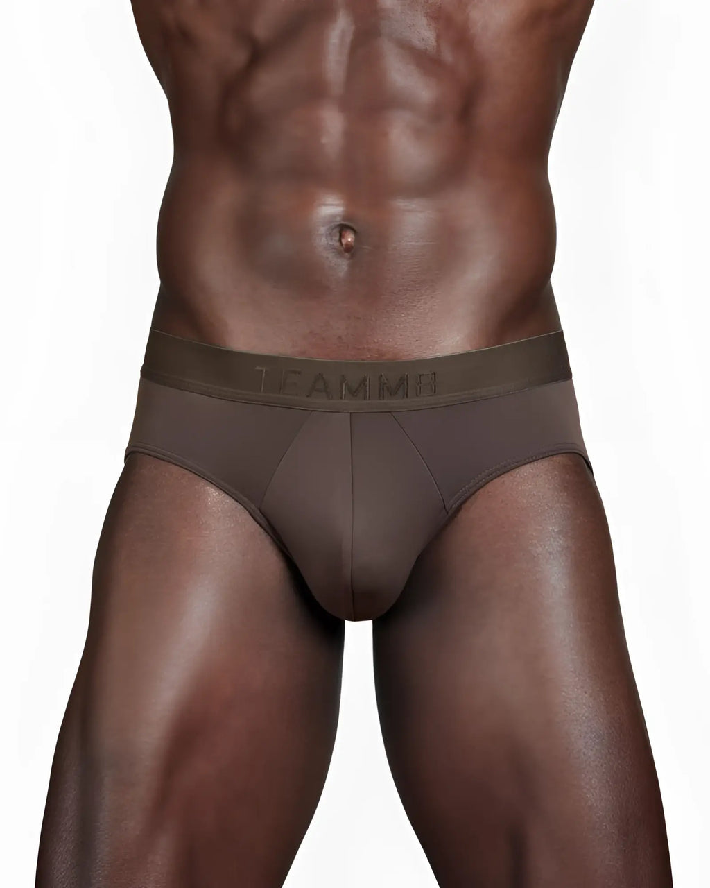 Brown men’s skn brief stunning with subtle teamm8 logo on waistband made from soft breathable fabric