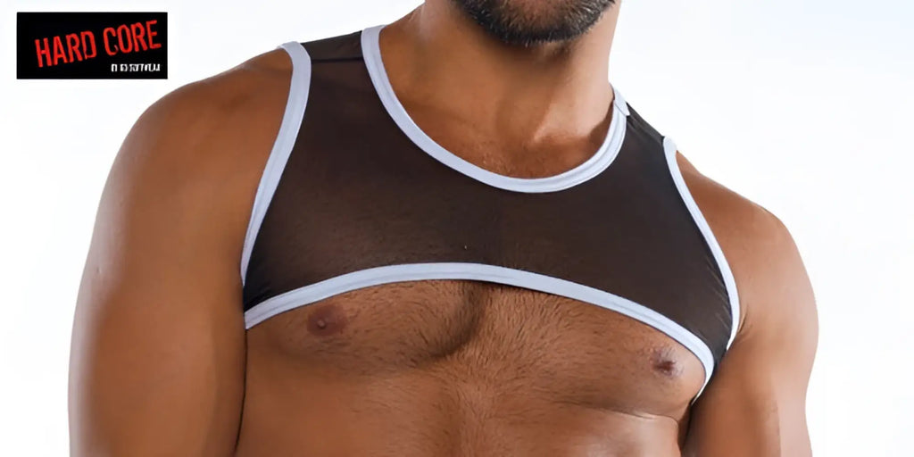 Black mesh skin harness tank top with white trim highlighting sheer breathable fabric and edgy design