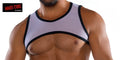 Light gray skin harness mesh tank top with black trim snug fit and racerback design shown from the back side