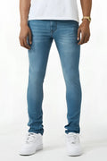 Blue slim fit denim jeans with subtle fading made of durable material for a stylish skinny fit look