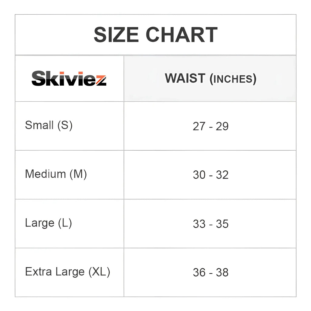 Skiviez skj003 boxer trunk size chart showing waist measurements for small medium large and extra large sizes