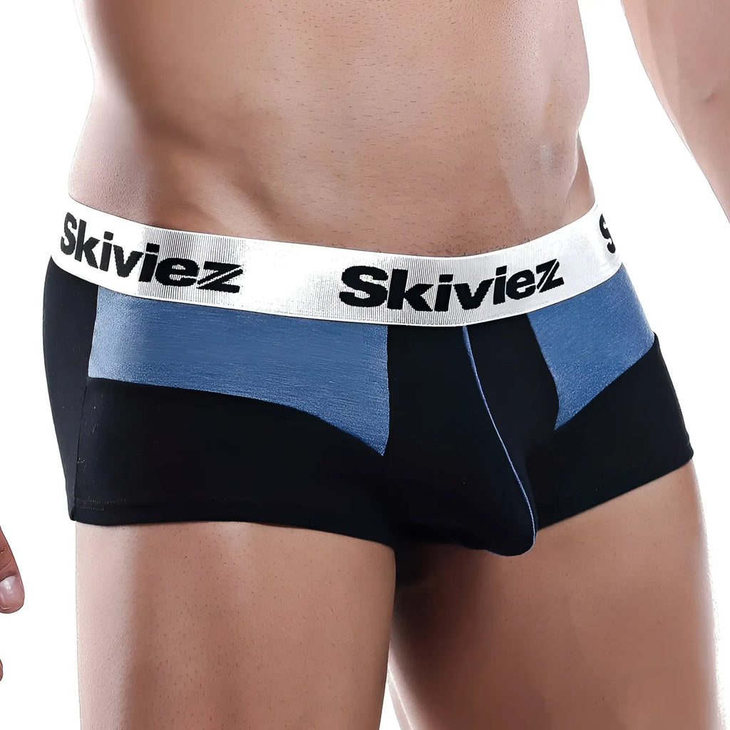 Black and blue striped skiviez szg015 boxer trunk briefs with white elastic waistband and bold black branding