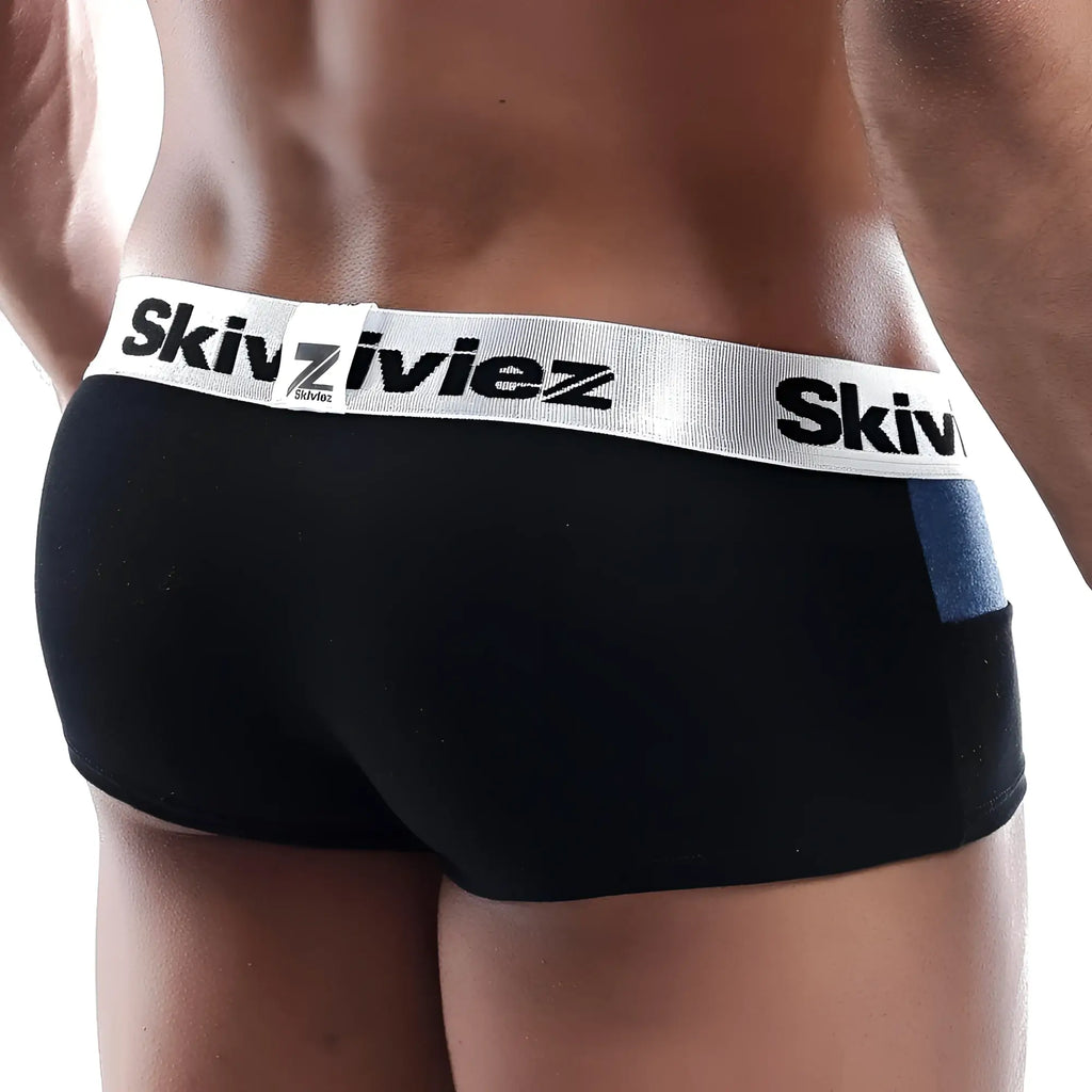 Black skiviez szg015 boxer trunk men’s briefs with silver waistband black lettering and blue side fabric patch