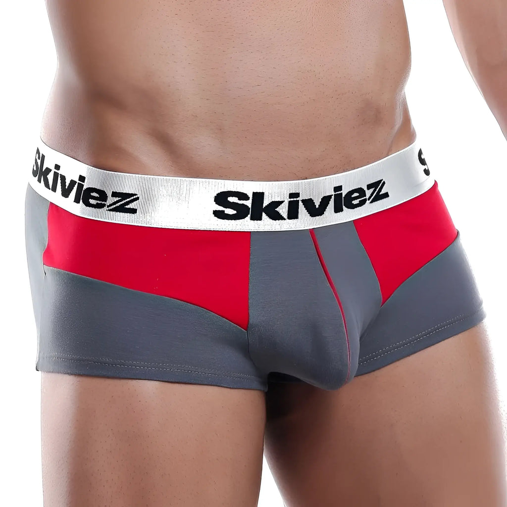 Red and gray skiviez szg015 boxer trunk briefs with white elastic waistband and black brand lettering for men