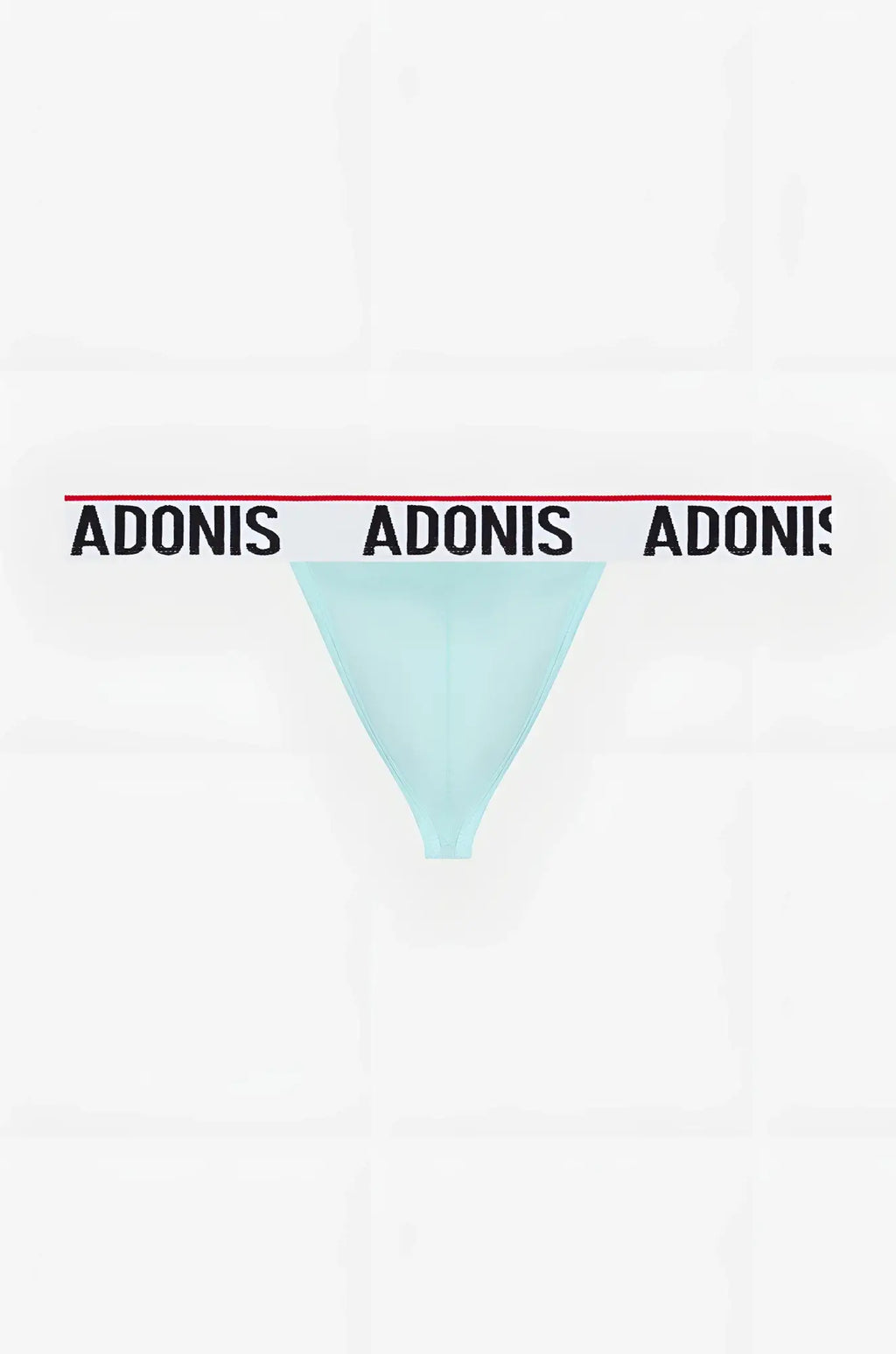 Sky blue thong by adonis featuring light blue fabric and white waistband with black adonis lettering and red trim