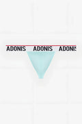 Sky blue thong by adonis featuring light blue fabric and white waistband with black adonis lettering and red trim