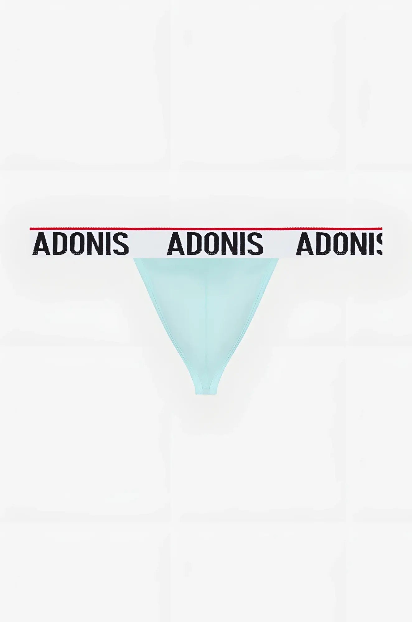 Sky blue thong by adonis featuring light blue fabric and white waistband with black adonis lettering and red trim