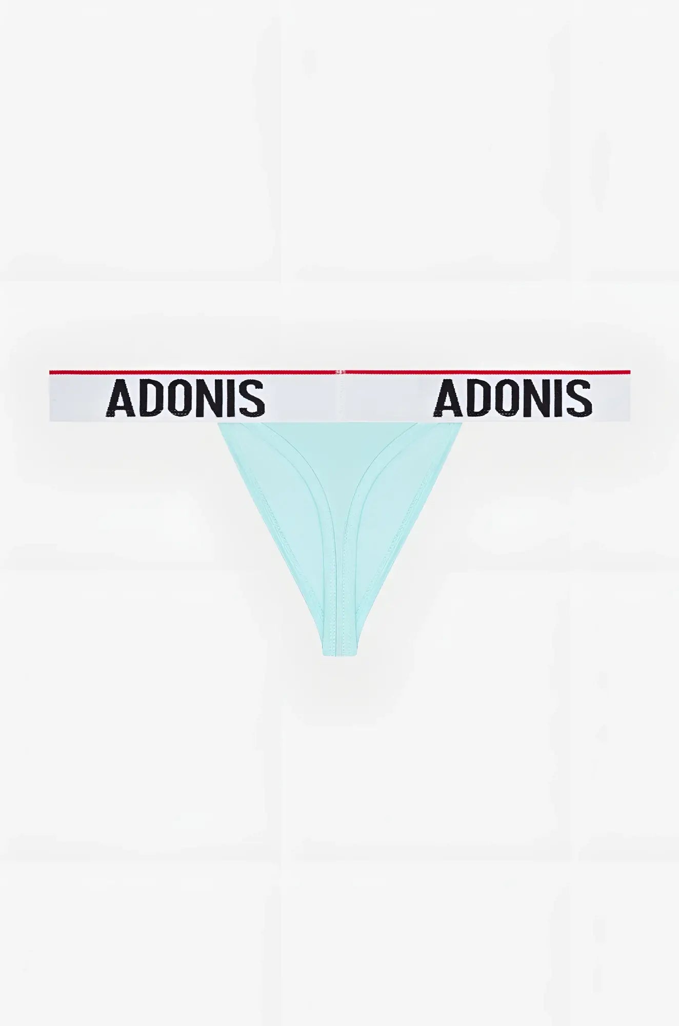 Sky blue adonis brand thong with white waistband black lettering and red trim in lightweight fabric