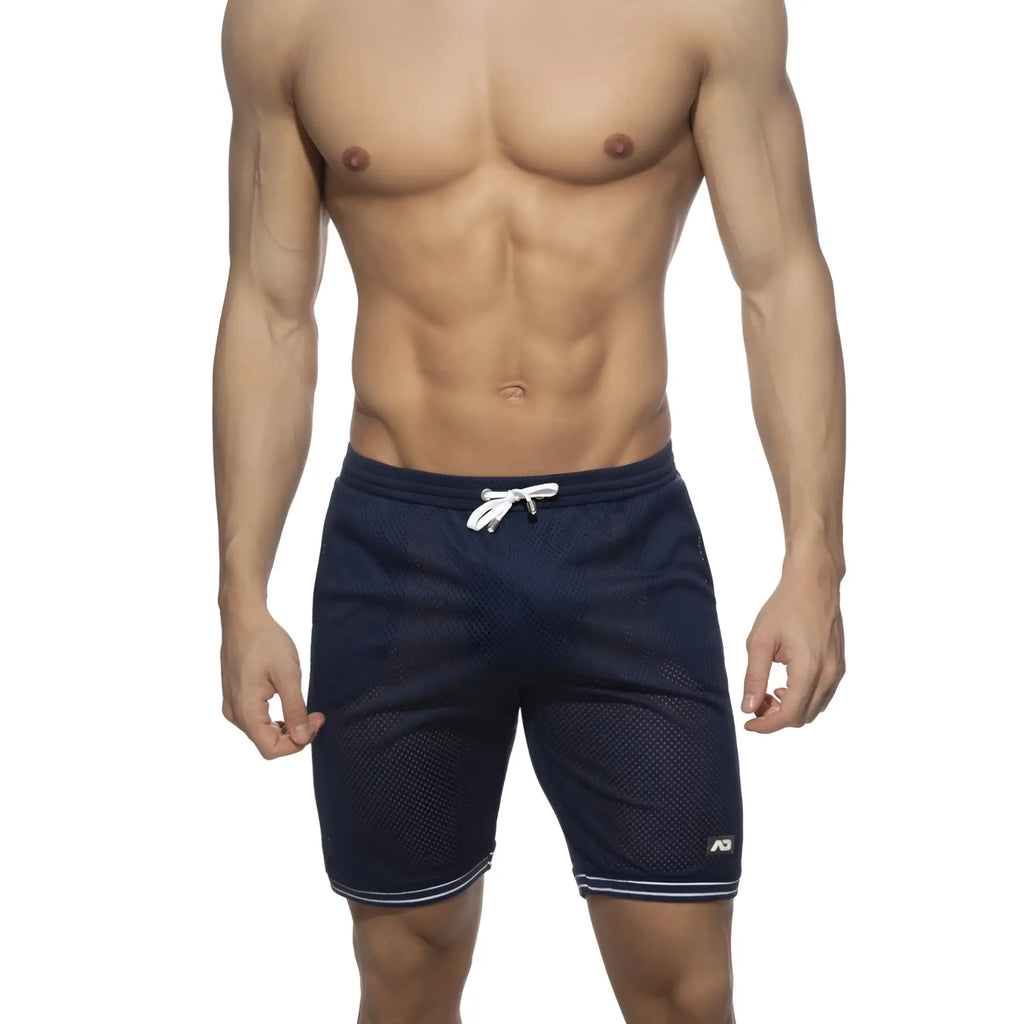 Navy blue mesh slAM bermuda shorts with white drawstring and striped hem ideal for athletic use