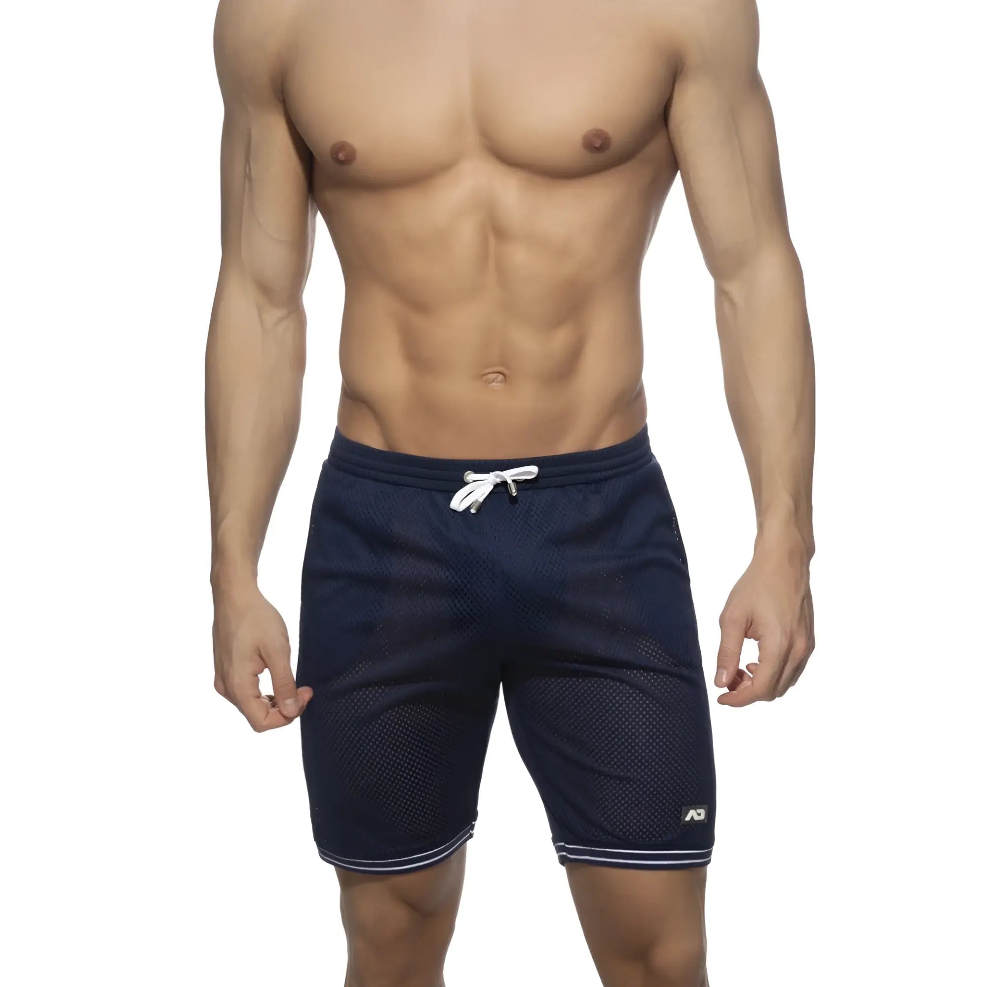 Navy blue mesh slAM bermuda shorts with white drawstring and striped hem ideal for athletic use