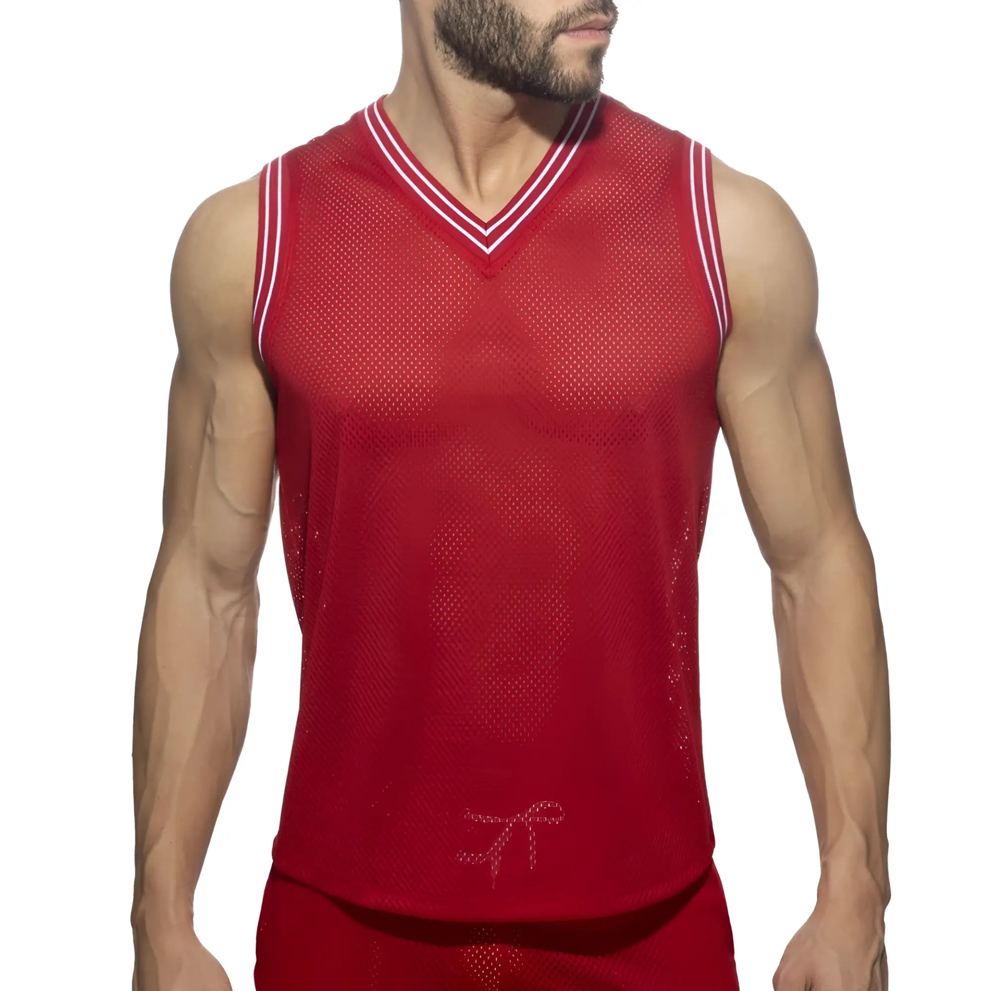 Slam v-neck sleeveless t-shirt in red mesh with white trim and subtle bow detail at the bottom