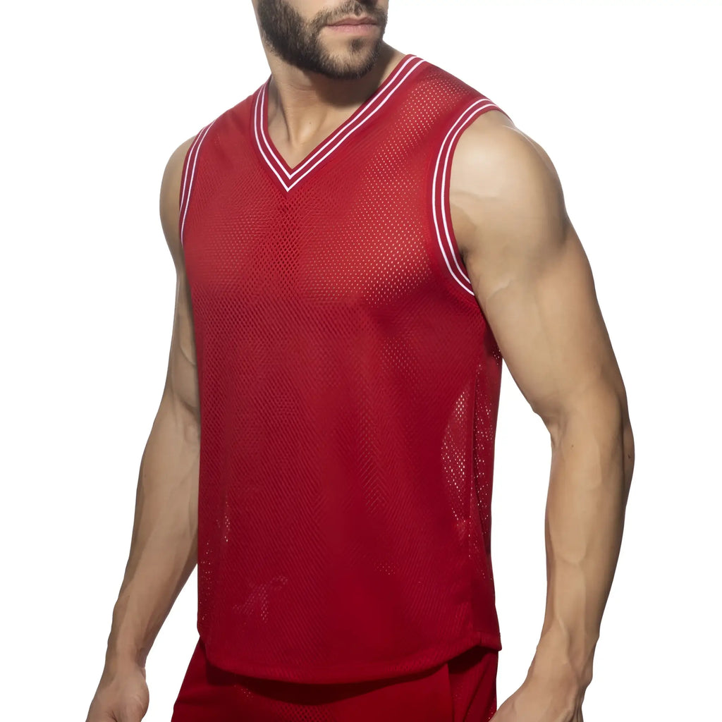 Slam v-neck sleeveless t-shirt red mesh basketball jersey with white trim along v-neck and armholes