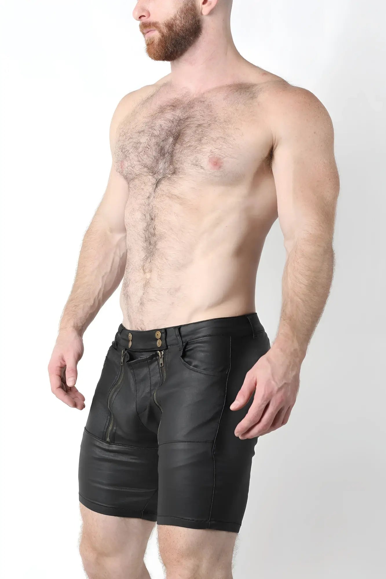 Black leather slick carpenter zipper short v2 with gold-tone buttons and zipper details in front