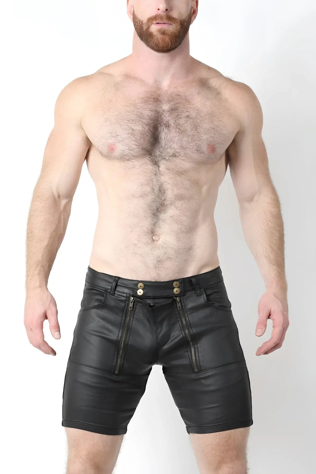 Black leather slick carpenter zipper short v2 with front zippers and gold tone button details