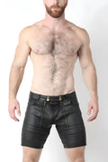 Black leather slick carpenter zipper short v2 with front zippers and gold tone button details