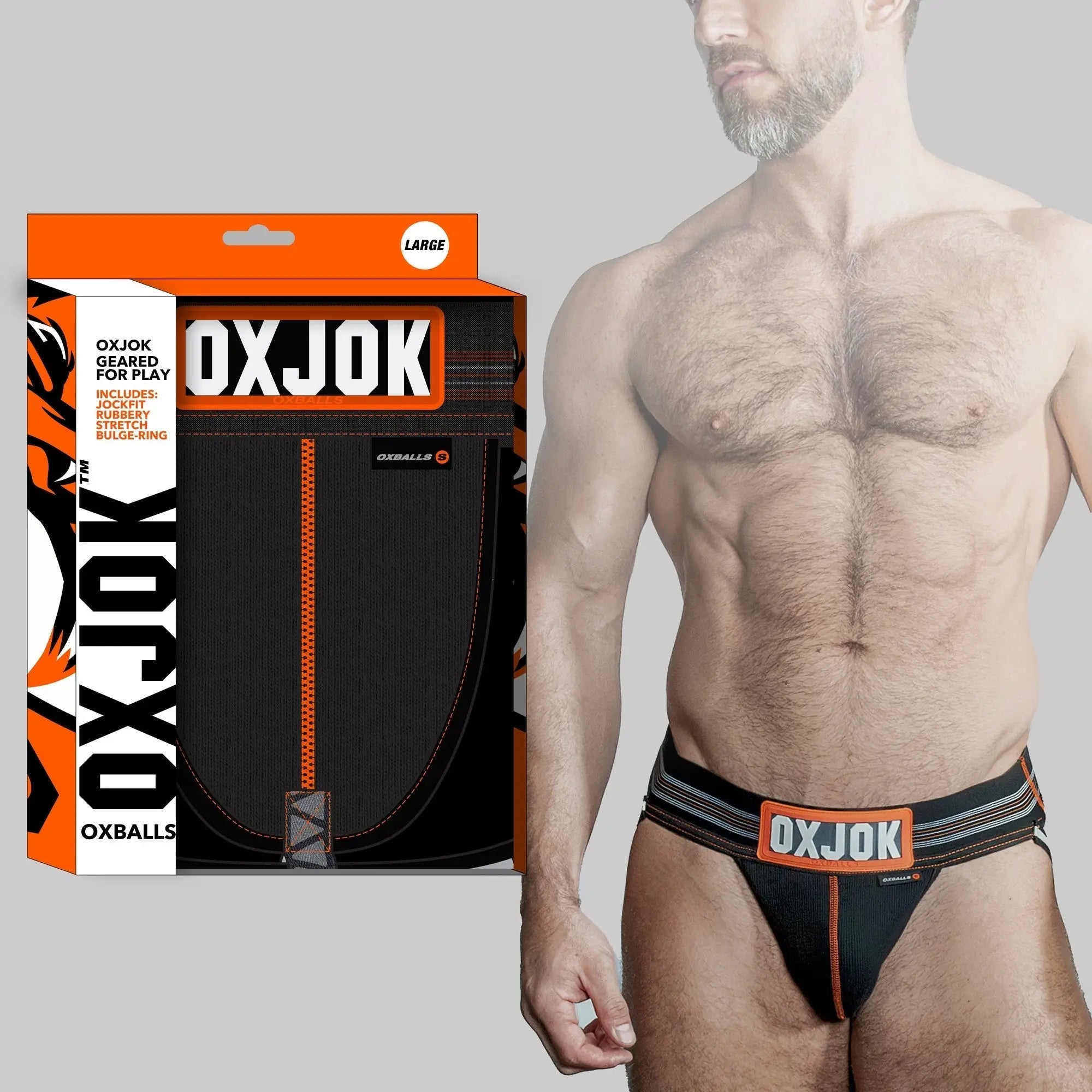 Black oxjok slingjock jockstrap briefs with orange and white trim featuring bold oxjok logo on waistband