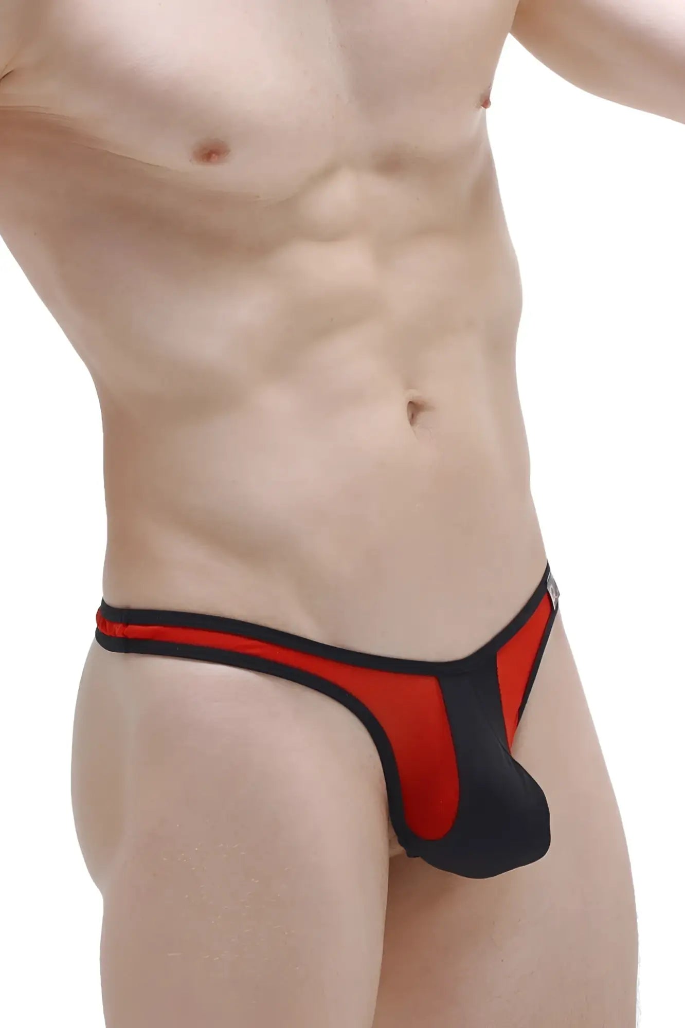 Red and black athletic-style thong slingshot neuvit red with contoured design shown from the back side