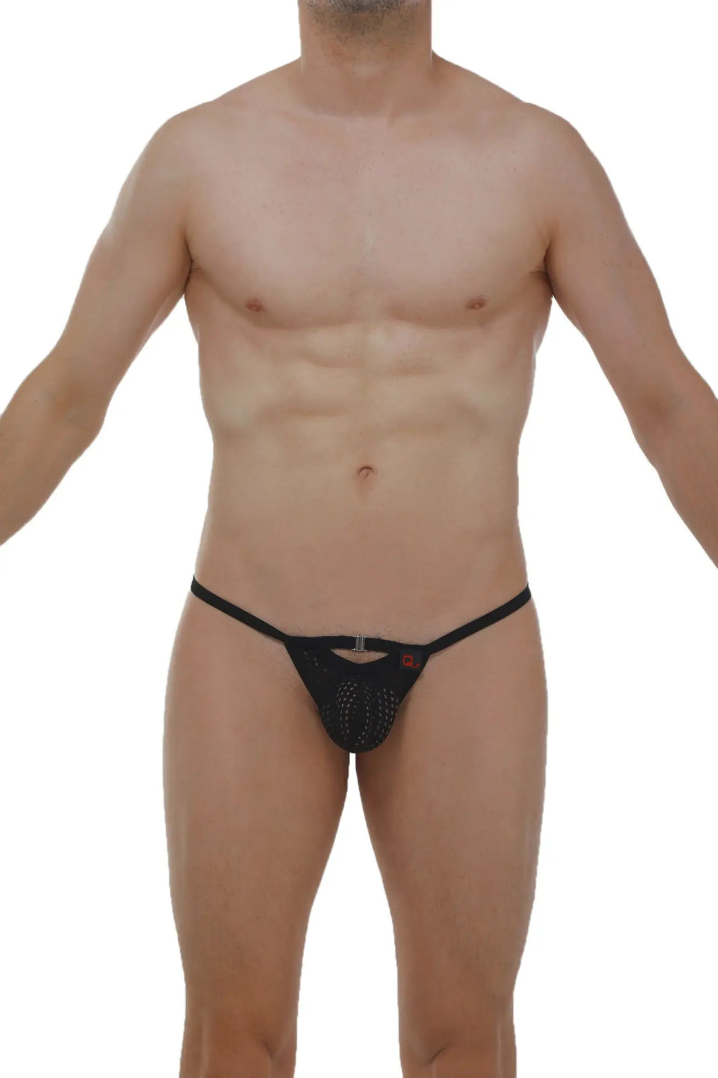 Black mesh thong slingshot rahart durtol with central metal clasp and small red logo detail