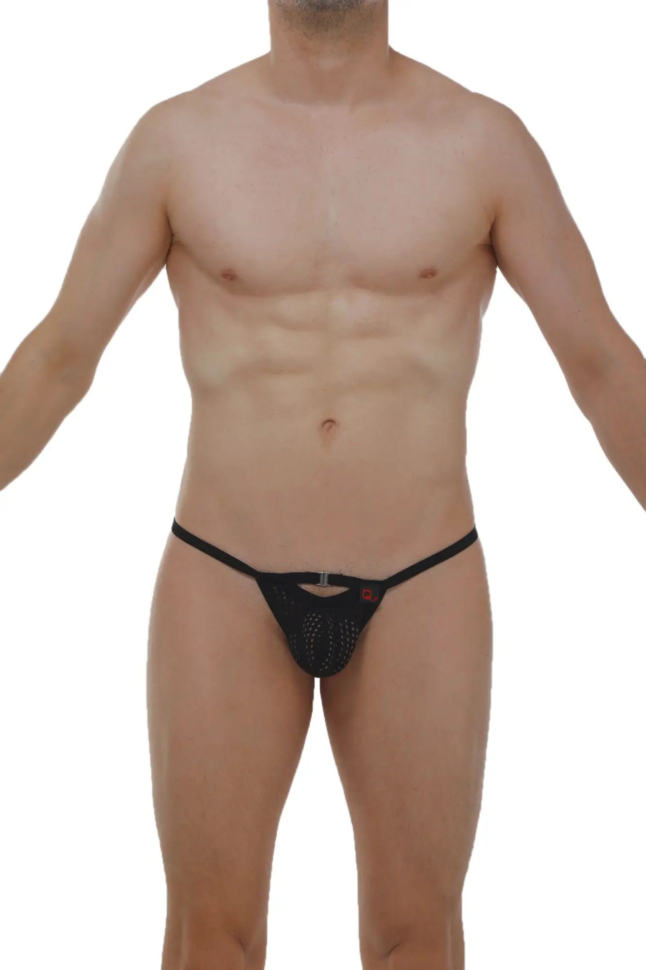 Black mesh thong slingshot rahart durtol with central metal clasp and small red logo detail