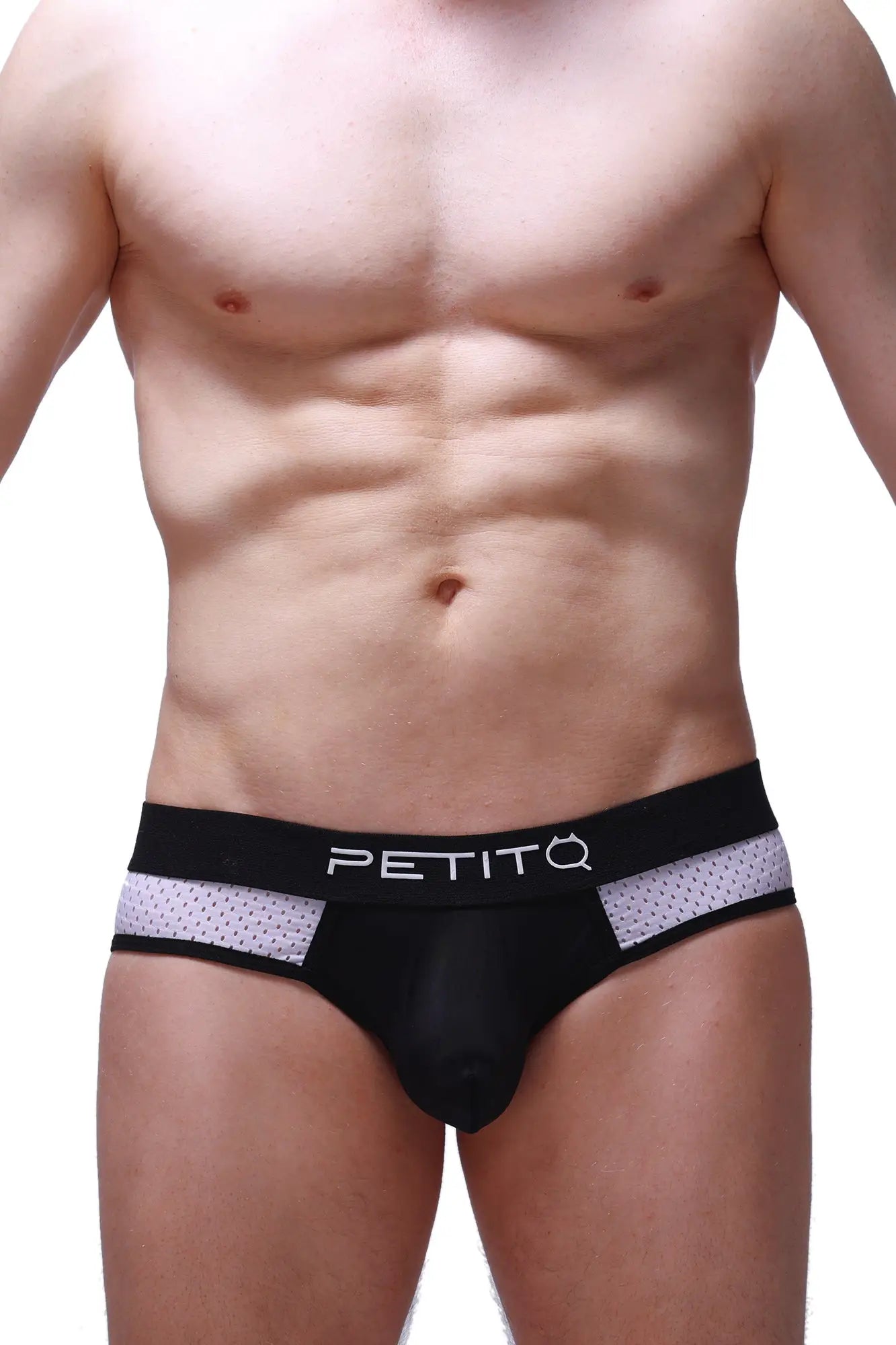 Black petitq briefs slip maray bee with white mesh side panels and branded waistband front view