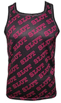 Black mesh tank top with bold pink slut lettering printed diagonally across the fabric for a sporty look