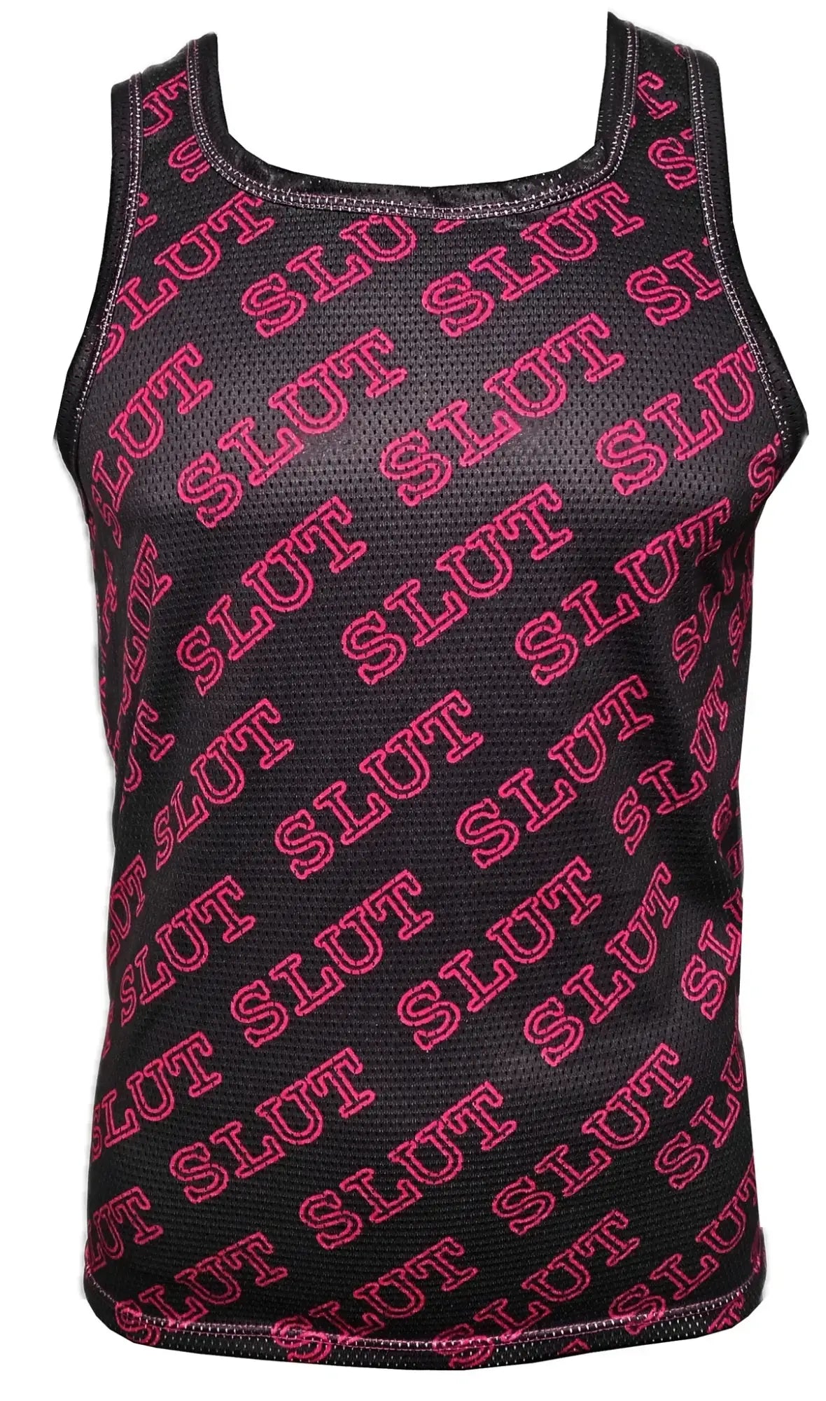 Black mesh tank top with bold pink slut lettering printed diagonally across the fabric for a sporty look