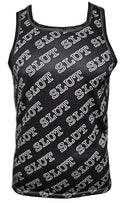Black mesh sports tank top with white slut text printed diagonally across the fabric