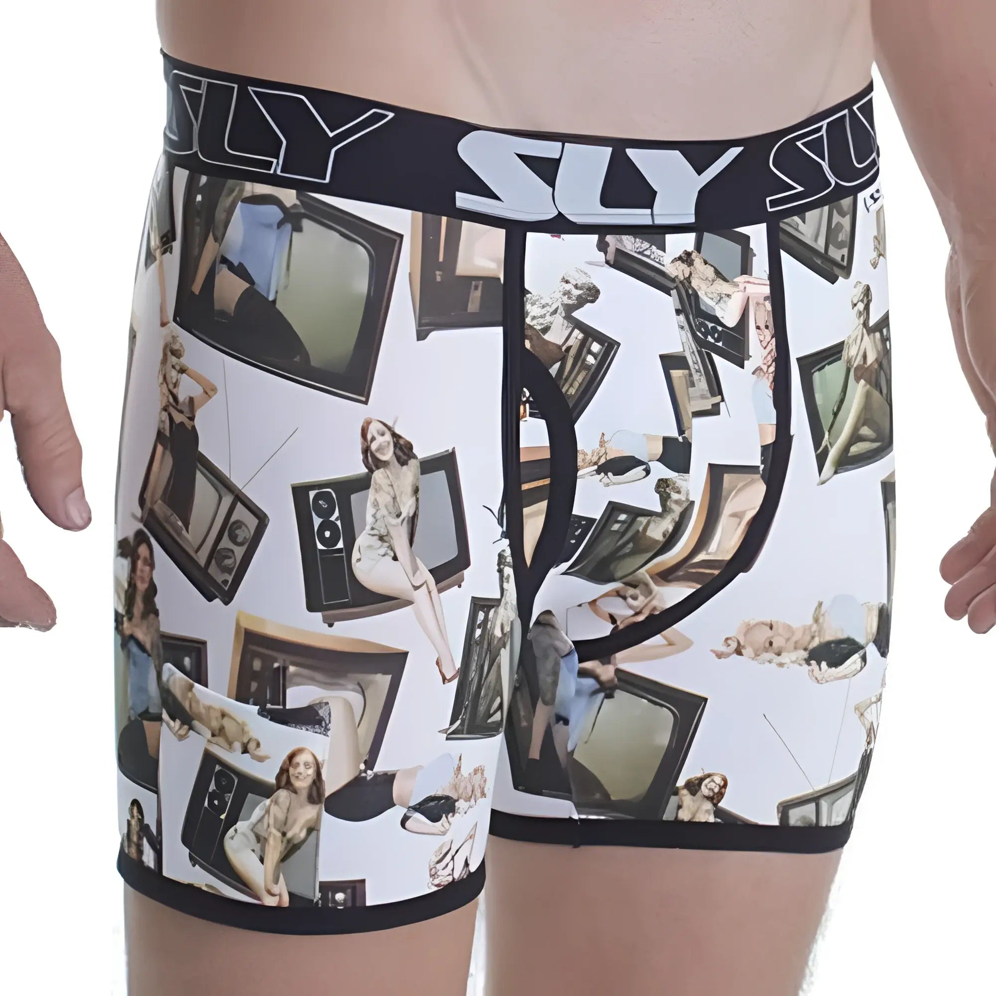 White boxer briefs with black sly waistband featuring vintage tv and pin-up women pattern sly sl-0030005w-pinups work boxer brief
