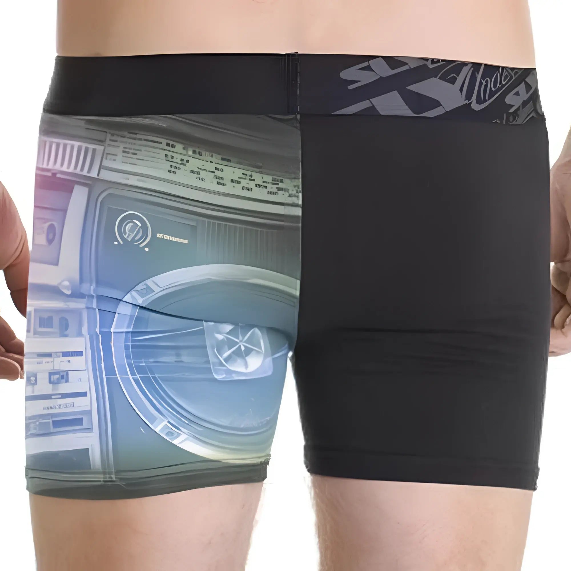 Black sly sl-bughew-ghetto work boxer briefs with vintage boombox graphic on left side and solid black fabric on right