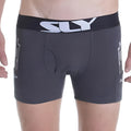 Dark gray heathered sly sly0020008w boxer briefs with black waistband and white logo featuring side pockets resembling zippers