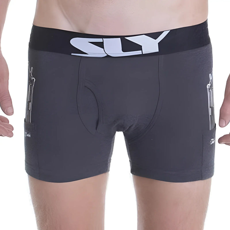Dark gray heathered sly sly0020008w boxer briefs with black waistband and white logo featuring side pockets resembling zippers