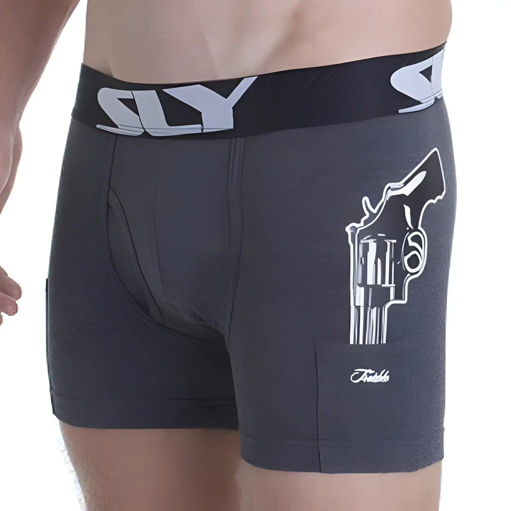 Dark gray heathered sly sly0020008w boxer briefs with white revolver graphic and sly branded waistband