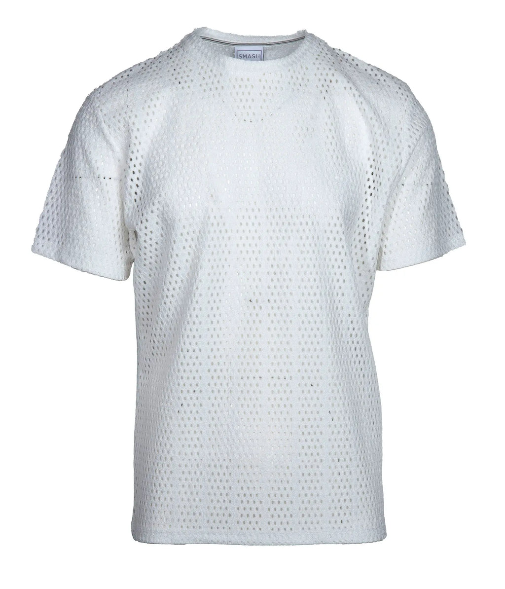 White perforated cotton t-shirt with round neckline and short sleeves smash gossamer lace top front view