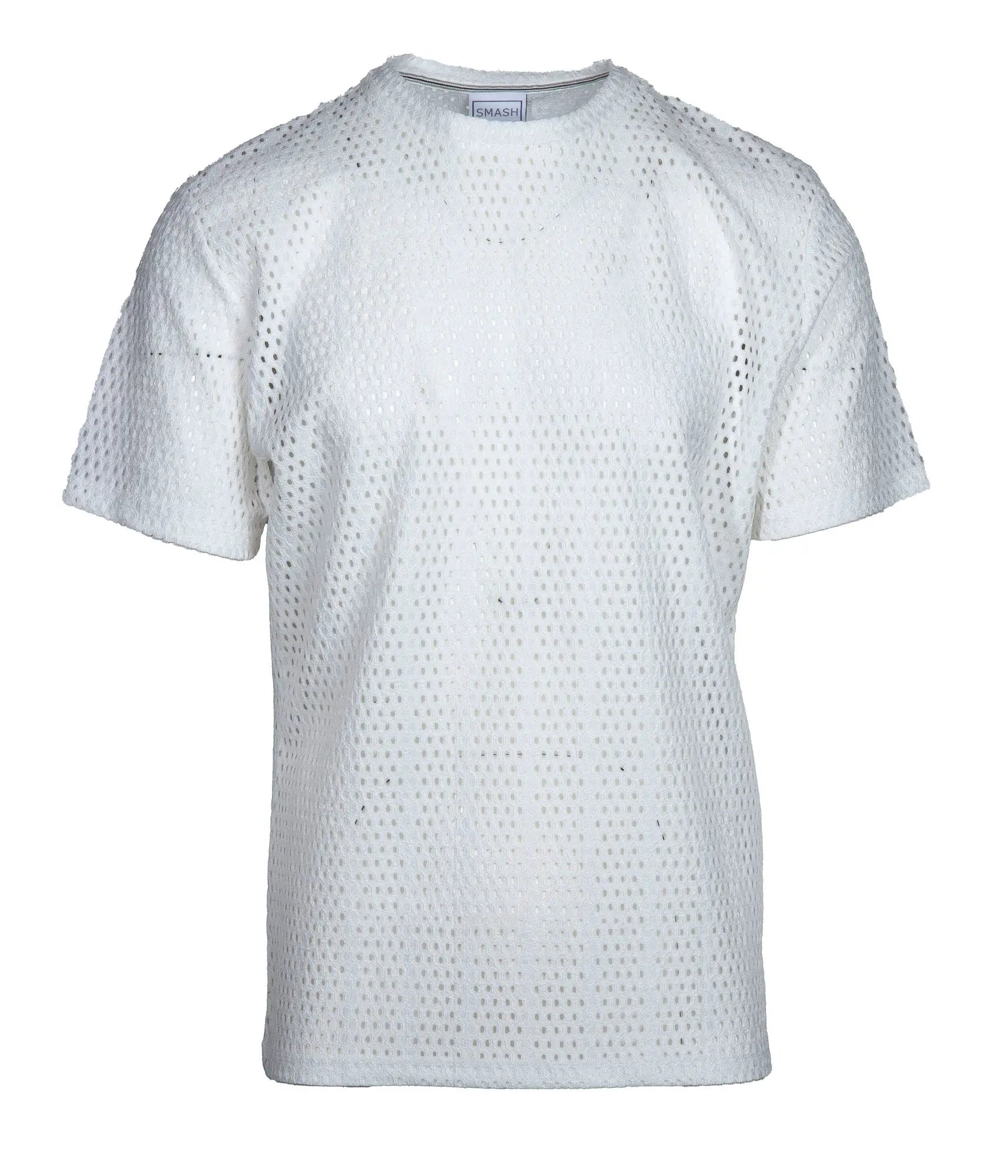 White perforated cotton t-shirt with round neckline and short sleeves smash gossamer lace top front view