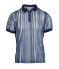 Navy blue and white striped smash knit polo shirt with textured knit pattern short sleeves and classic collar