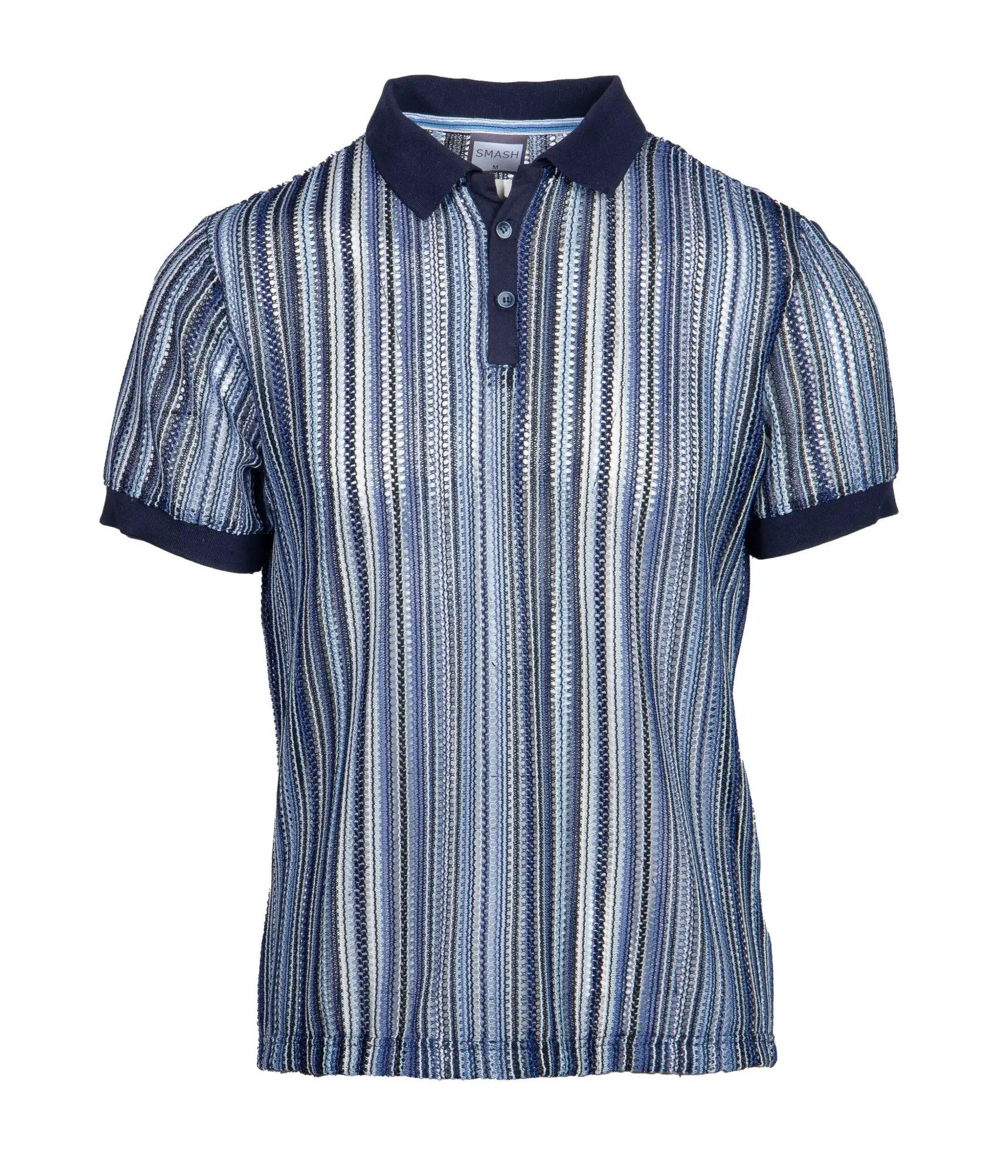 Navy blue and white striped smash knit polo shirt with textured knit pattern short sleeves and classic collar