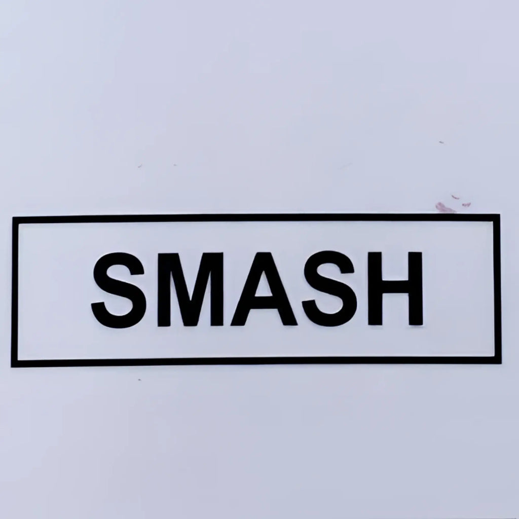 Black smash novelty top sticker with bold uppercase lettering inside a simple rectangular border