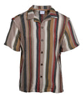 Smash S S stripe button down shirt short sleeved with vertical earthy beige brown red green stripes textured fabric