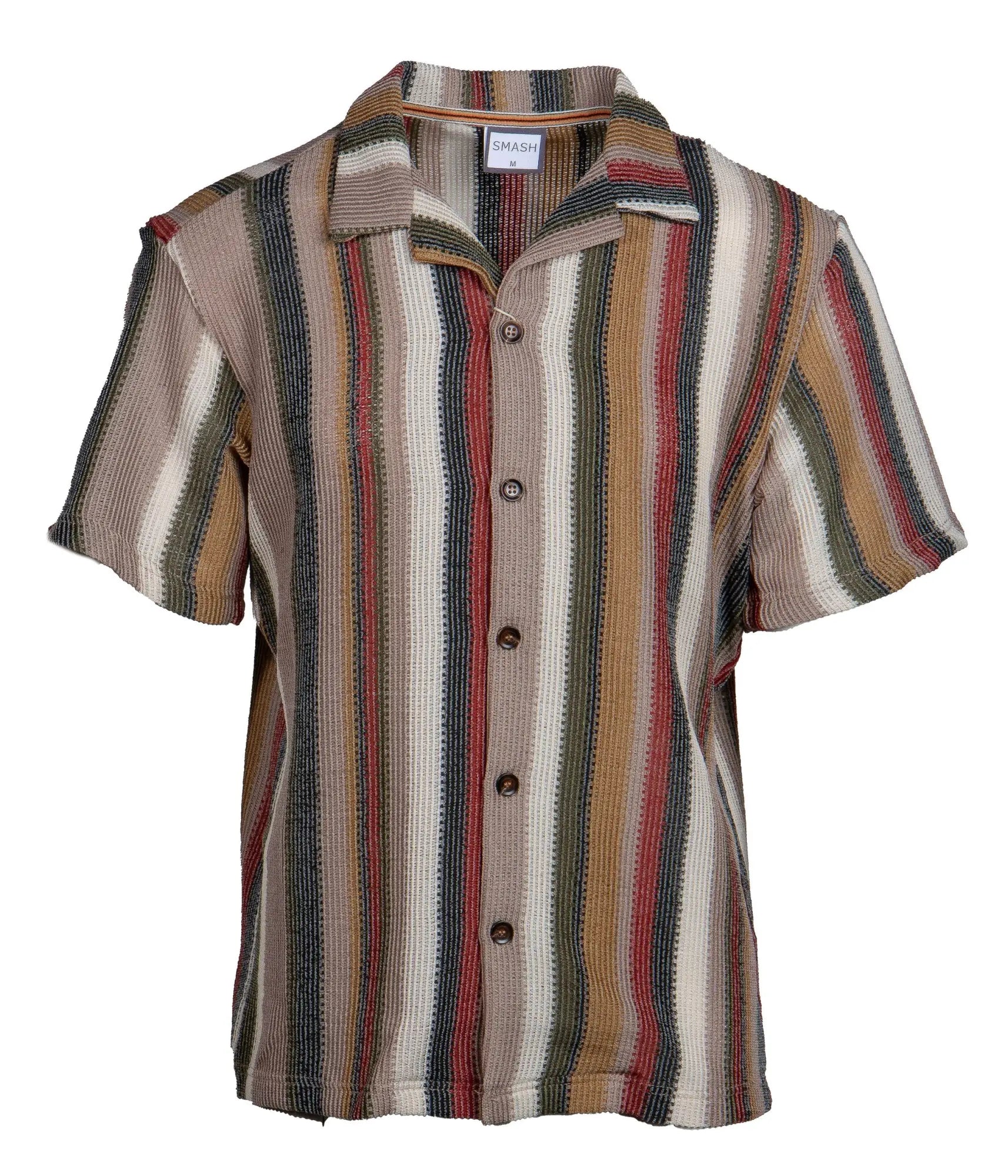 Smash S S stripe button down shirt short sleeved with vertical earthy beige brown red green stripes textured fabric