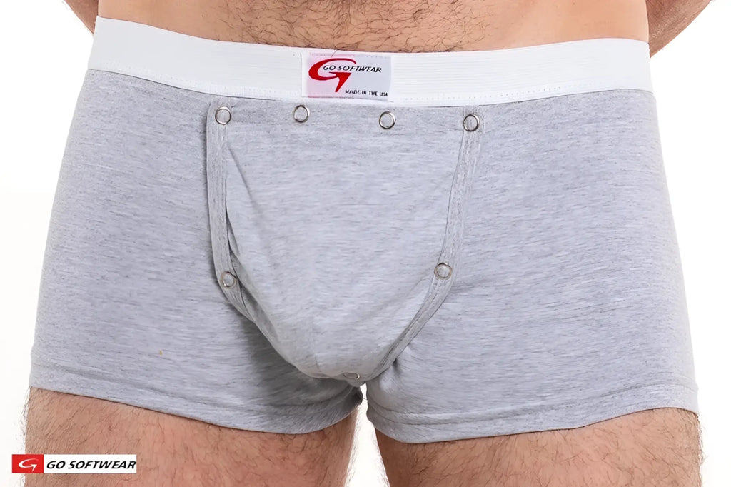 Gray heathered cotton snap front boxer with white elastic waistband and removable cod piece with snap closures